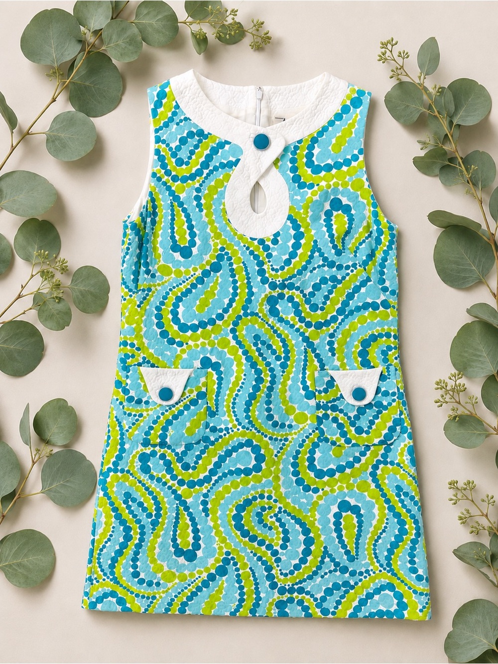 Vintage Milly of New York Mod Shift Dress Blue Green Paisley Size 12